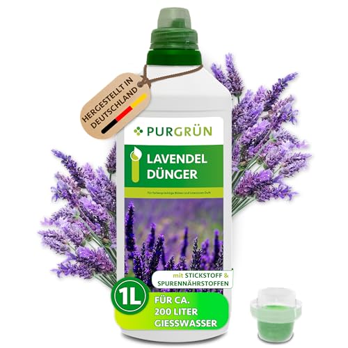Purgrün Lavendel-Dünger 1 Liter Intensive Blütenbildung dank Spurennährstoffen Stärkt die Widerstandskraft mit extra Kalium Premium-Flüssigdünger für 400 Liter Gießwasser