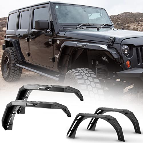 Fender Flares for Jeep 2007-2018 Wrangler JK | 4WD 2WD, HAWKLEY Offroad Fender Flares with LED DRL Lights & Sequential LED Turn Light For 07-18 Wrangler JK JKU Unlimited Sport Sahara Rubicon