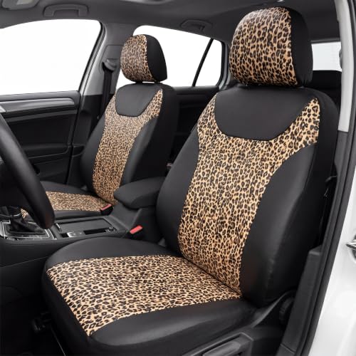 Image of AUTOFAN Leopard Print Car Seat Covers Full Set, PU Leather Interior Accessories Combo with 2 Front Seat Covers, 4 Floor Mats, Steering Wheel Cover, Seat Belt Pads & Cup Holder Coasters