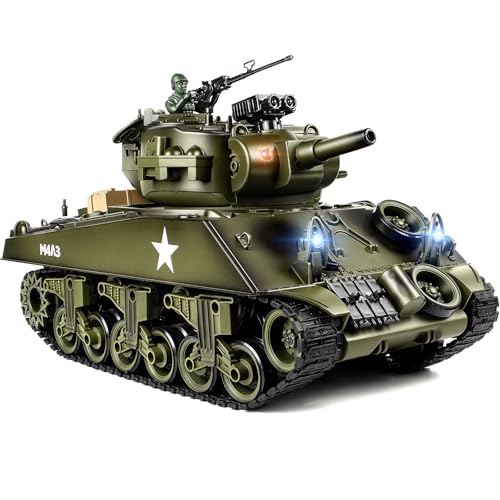Supdex 1/18 RC Tank, 2.4G US M4A3 Sherman Remote Control Tank That Shoot BBS with Smoke, Sound and Lights, 165ft Remote Control Army Model Toy, Military All-Terrain Vehicle for Kids & Adults