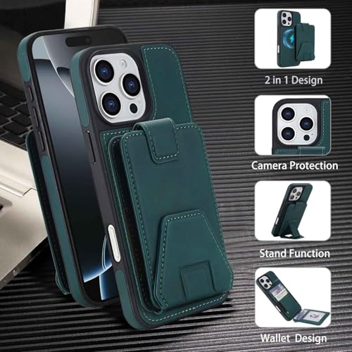Funda para iPhone 17 Pro Max de cuero magnética con soporte extraíble verde 5