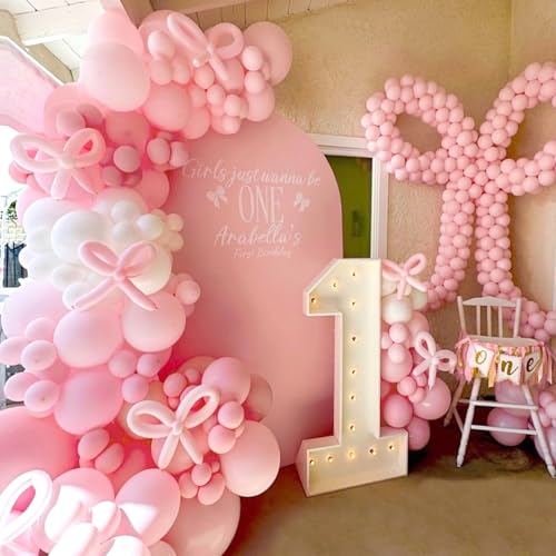 Image of Pink Bow Balloons Garland Arch Kit,180Pcs Pink and White Balloons with Clear Balloon Wrap Bows for Wedding Bachelorette Baby Shower Coquette Birthday Party Decorations