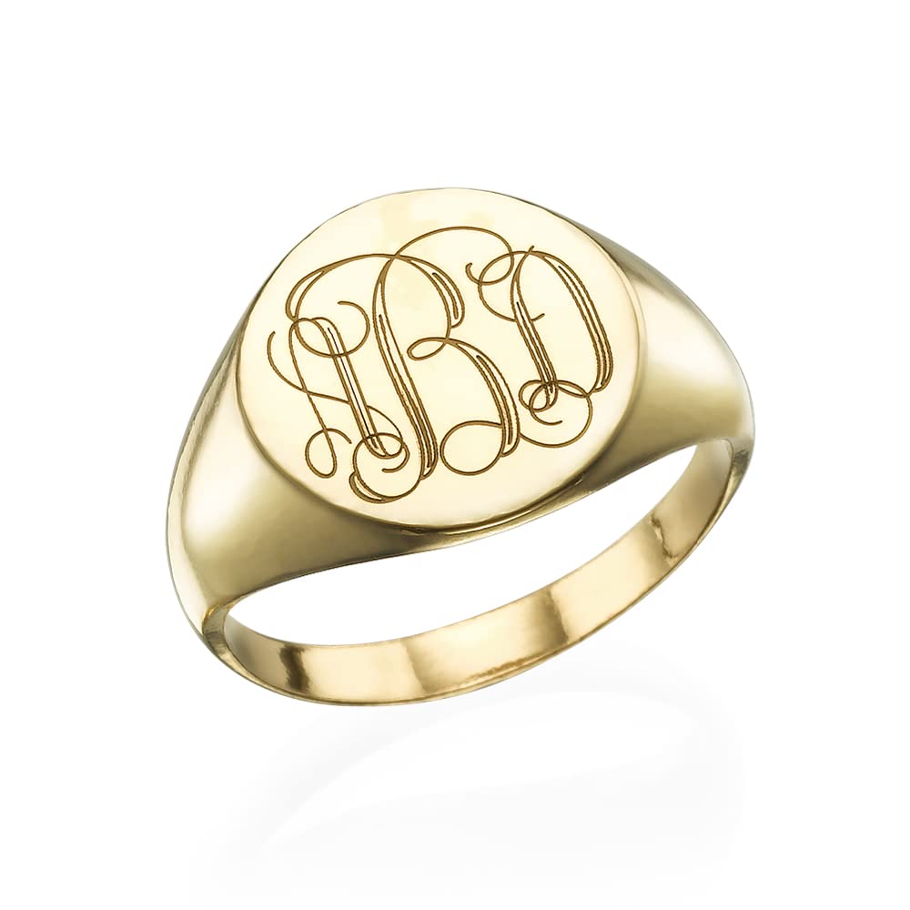 MYKA - Unisex Personalized Cursive Signet Engraved Monogram Initial Ring - For Woman or Men - Custom Gift Jewelry - 925 Sterling Silver, Gold Plated