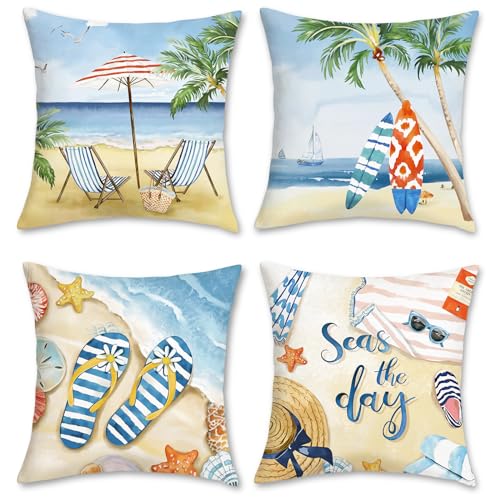 Bonhause 4er Set Kissenbezüge Strand 45 x 45 cm Seestern Surfbrett Palme Meer Landschaft Samt Soft Dekorative Kissenhülle Zierkissenbezüge für Sofa Wohnzimmer Zuhause Outdoor Dekoration