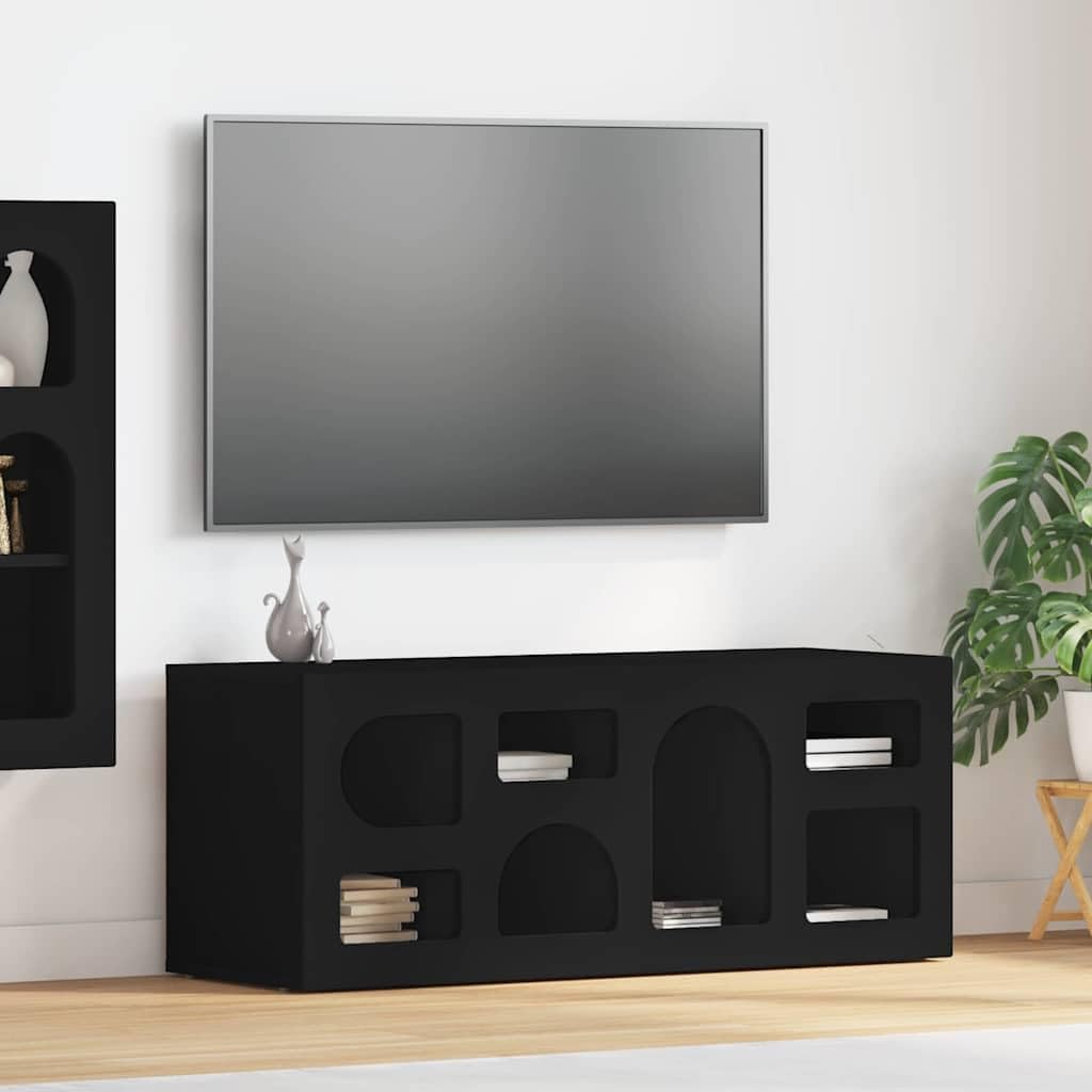 Mobile TV nero in legno con 7 ripiani, 100 x 35 x 40 cm, moderna credenza per soggiorno, con porta e cassetti