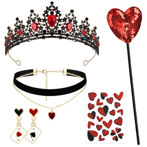 Kavoc 5 Pcs Red Queen Costume Include Queen Crown with Scepter Vintage Heart Dangle for Halloween Cosplay Party Dress up