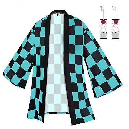 Cosplay Demon Slayer Cape Adulte Kimetsu No Yaiba Figurines Zenitsu Shinobu Tanjiro Cosplay Anime Manteau avec Boucles d'oreilles Kimono Demon Slayer pour Halloween Carnaval Costume (S, Tanjiro)