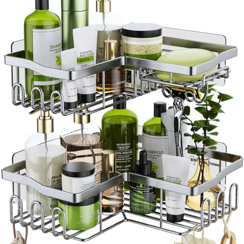 HapiRm Corner Shower Caddy Silver - Shower Caddy Corner Shelves with 11 Hooks Shower Organiser for Razor soap & shampoo Bathroom & Kitchen Storage Bath Accessories Stainless Steel 6 Sticker 2 pcs
