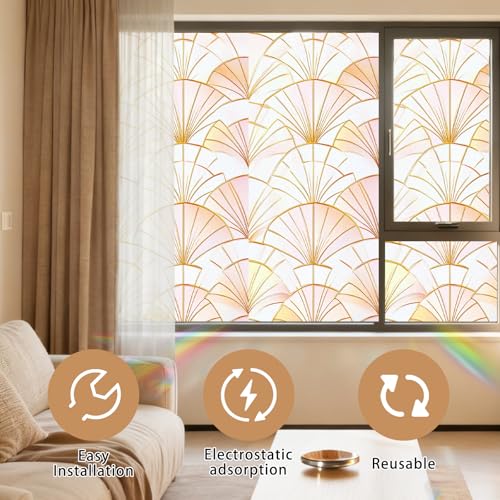 Image of Nuxovilar Frosted Gold Pink Fan Pattern Window Film 17.7x39.4 PVC | Geometric Fan, Gold Cling vintage pattern sticker, luxury glass wrap for living room bedroom office (Geometric Fan)