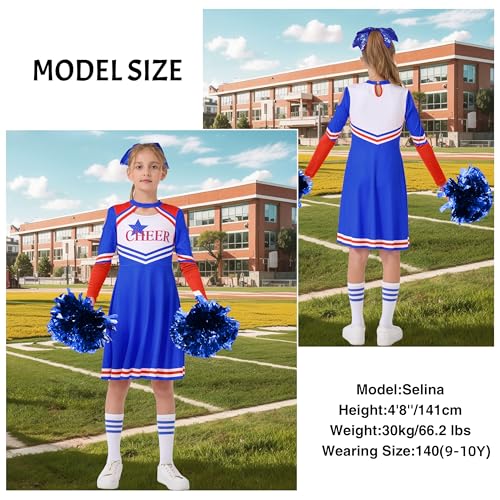 LOLANTA Girls Blue Cheerleader Outfit, Kids Long Sleeve Cheerleading Costume with Pompoms - Image 2