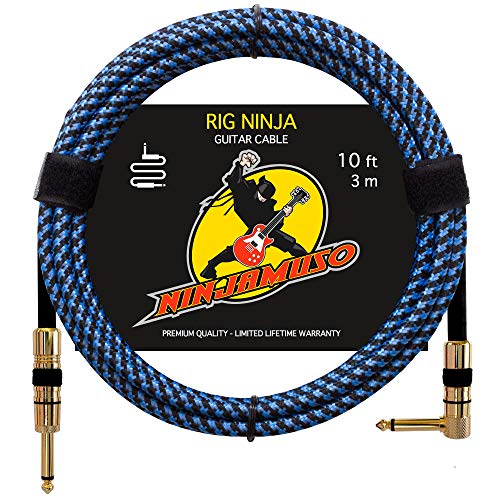 Rig Ninja 1/4 Guitar Cable by NinjaMuso - 10ft Blue Right Angle - Low Noise Electric and Acoustic Guitar and Bass Patch Cords - 10 Feet Amp Cord for Musical Instrument to Amplifier