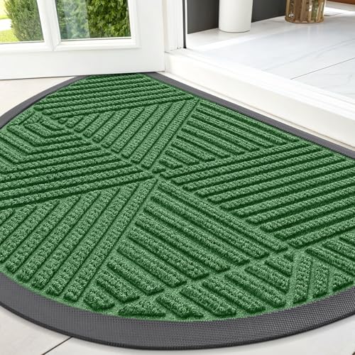 Image of Smiry Half Circle Front Door Mat Outside Entrance, Heavy Duty Sturdy Natural Rubber Doormat, Trap Dirt and Moisture, Low Profile Mats for Indoor Outdoor Entry, Irregular Triangle (47x32, Green)