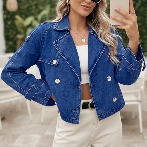 Nitzana Denim Jacket for Women Cropped Trench Coat Double Breasted Lightweight Jean Jackets Casual Outerwear 2025 Trendy