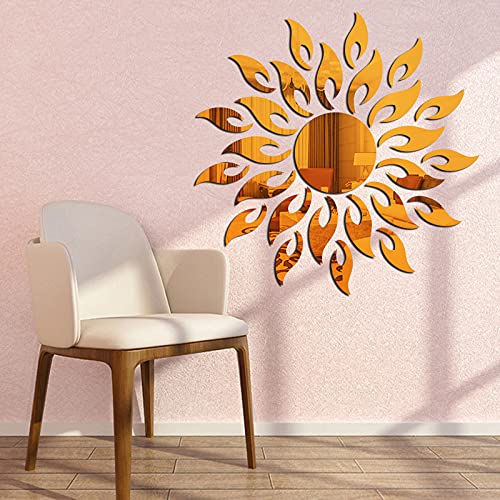LZYMSZ 3D Acrylic Mirror Wall Stickers, Sunflower Self-Adhesive Wall Decals, DIY Home Decorations for Living Room Bedroom Bathroom Farmhouse TV Background (Gold)