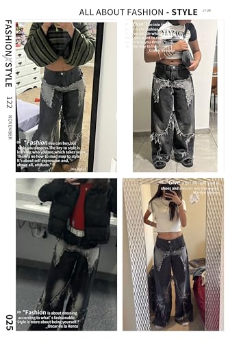 Y2K Baggy Jeans for Women Girls Star Patchwork Wide Leg Raw Hem Denim Pants Hip Hop Streetwear Preppy Clothes4