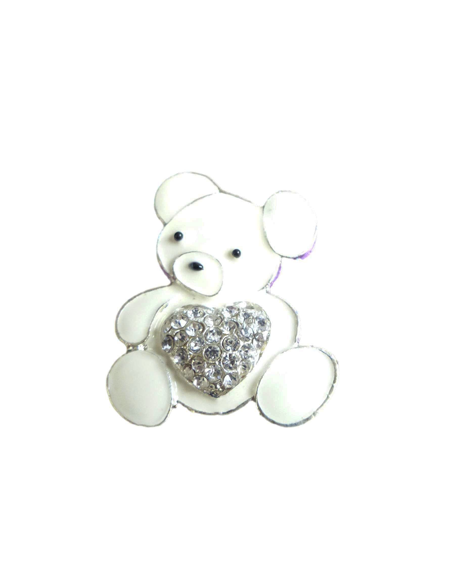 Syntego White Enamel Teddy Bear Clear Diamante Crystal Heart Embellishment