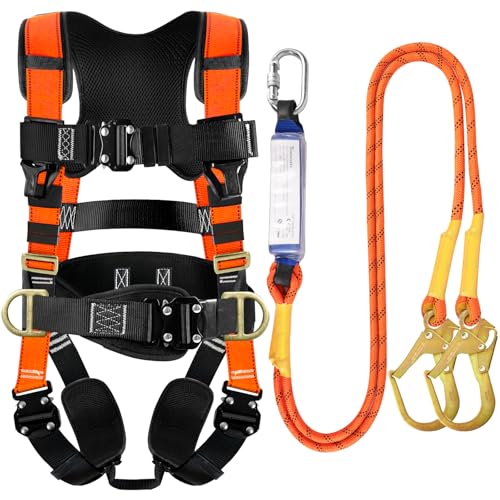 TRSMIMA Safety Harness Fall Protection - Roofing Harness Kit Men Full Body Construction Harness with Lanyard for Work Upgrade 4 Quick Buckles Orange