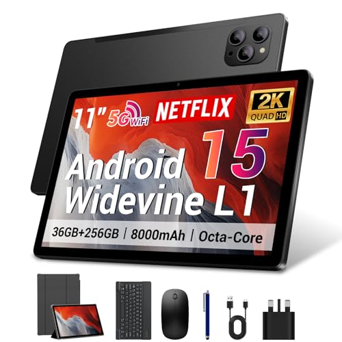 Image of 2025 Android 15 Tablet 11 Inch with Keyboard Stylus Mouse: 2K IPS Tablette (2000x1200) 丨Widevine L1,36GB+256GB(1TB TF), 5G /2.4G WiFi, 8-Core, 8000mAh,8+13MP, AnTuTu 255K丨GMS丨FCC丨CE- Black