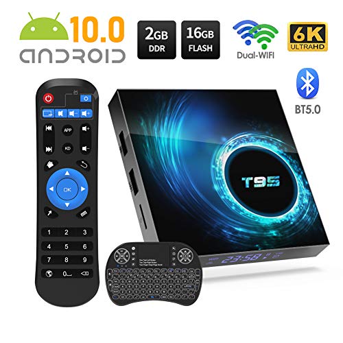 Android 10.0 TV Box with Backlit Wireless Mini Keyboard, T95 TV Box Allwinner H616 Quad-Core ARM Corter-A53 CPU Mali G31 MP2 GPU 2GB RAM 16GB ROM 6K Resolution 2.4GHz/5GHz WiFi BT5.0