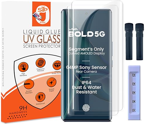 Image of STP FEEL Advanced UV Tempered Glass Screen Protector Guard Compatible For Lava Bold 5G (6.67 Inch, Pack of 2) Full Adhesive UV Curved Case Friendly HD Clarity with easy installation kit