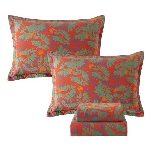 Image of FADFAY Floral Sheets Set Queen Vintage Red Green Floral Bedding Shabby Maple Leaf Farmhouse Bedding Super Soft Washed Double -Layer Muslin Sheets 100% Cotton Deep Pocket Fitted Sheet 4Pcs, Queen Size