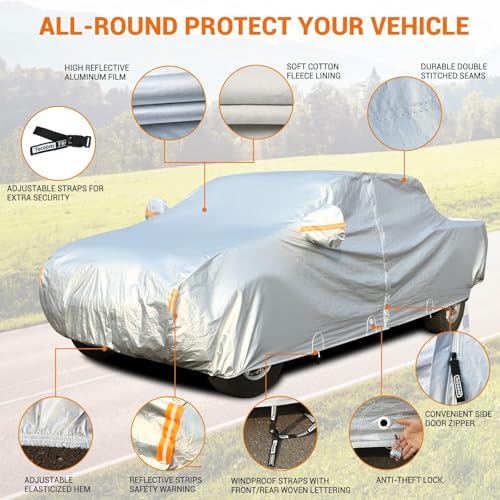 Image of Tecoom Truck Car Cover Waterproof, 3-Layer Pickup Cover with Fleece Lining & Zipper Door /Lock, Outdoor Snow Rain All Weather Protection, Universal Fit Regular /Extended /SuperCrew Cab