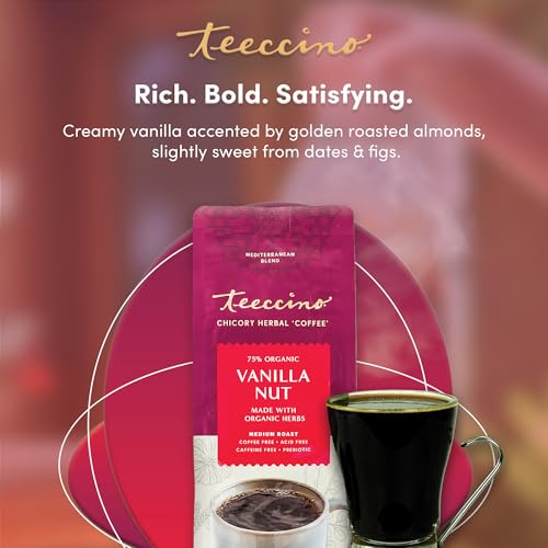 Teeccino Vanilla Nut Chicory Coffee Alternative - Ground Herbal Coffee That’s Prebiotic, Caffeine Free & Acid Free, Medium Roast, 11 Ounce (Pack of 6) - Thumbnail 6