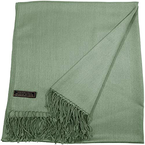 CJ Apparel Laurel Green Sage/Light/Pale/Grey Green Solid Color Tassels Design Nepalese Shawl Wrap Stole Throw Head Wrap Pashmina Hand Made in Nepal New2