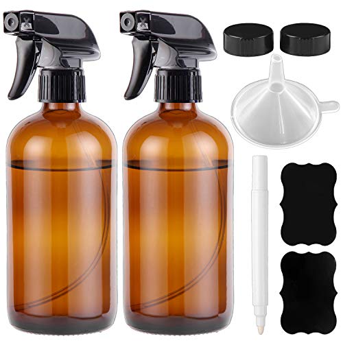 2 Pack Empty Amber Glass Spray Bottles 16 oz for Cleaning, Plants, Pets, Essential Oils or Air Freshener, Durable Black Trigger Sprayer with Stream and Mist Settings