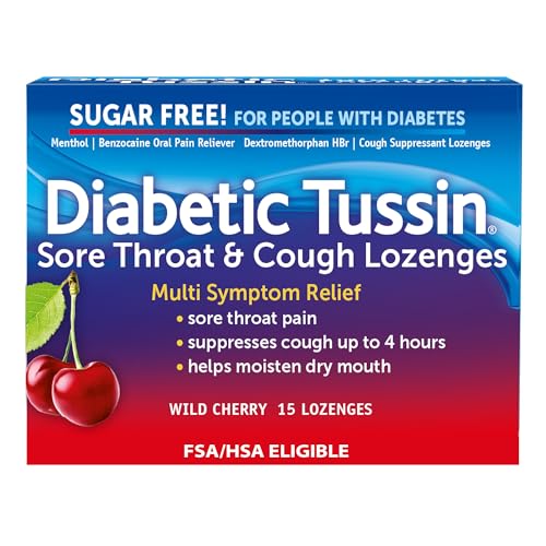 Diabetic Tussin Sugar Free Sore Throat & Cough Drops, Wild Cherry, 15 Count, Sodium-Free Lozenges...