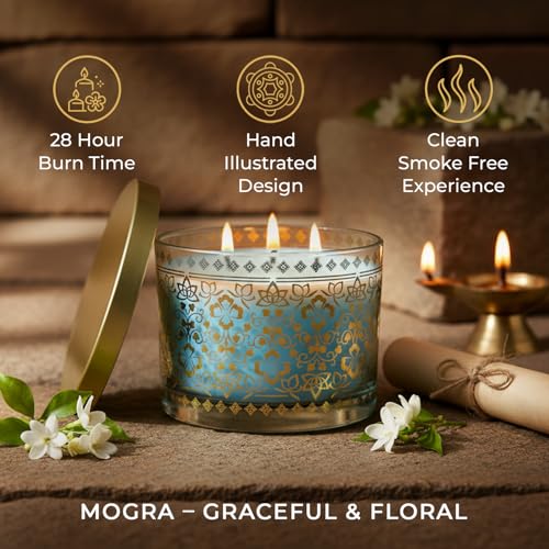 Image of EKAM 2025-26 Festive Fragrance Gift| Scented 3 Wick Candle| Mogra | Inspired by Stone Palace | 28-Hour Burn | Essential Oil Infused | Gift Box for Festive Celebrations, Weddings, Giveaways, etc.