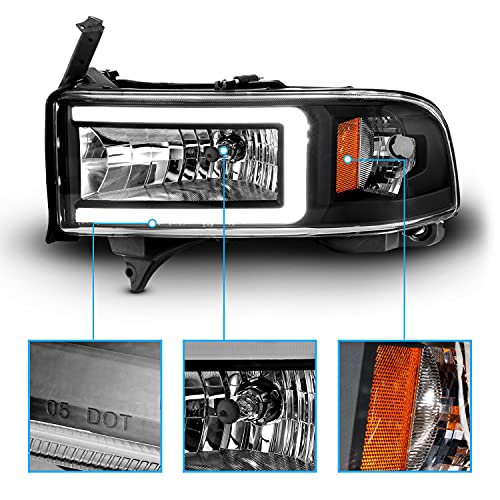 Amerilite 1994-2001 Dodge Ram 1500, 94-02 Ram 2500 3500 Hd C-Type Led, Halogen, Tube Replacement Car Headlights Set - Passenger And Driver Side, Vehicle Light Assembly, Black;Transparent #TOP3