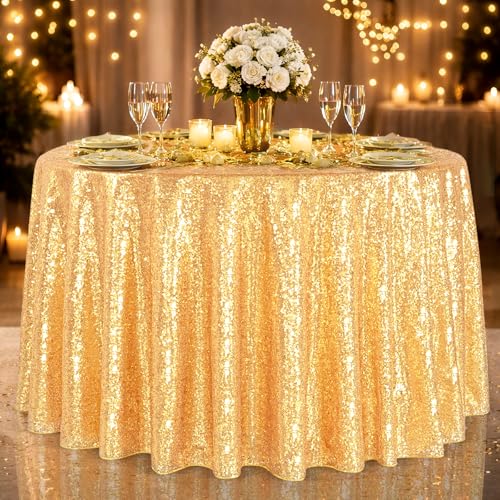 Image of B-COOL Gold Round Tablecloth Party Decorations: 132 Inch Table Cloth Large Sequin Fabric Overlay for Indoor Outdoor Dining Parties Graduation Christmas