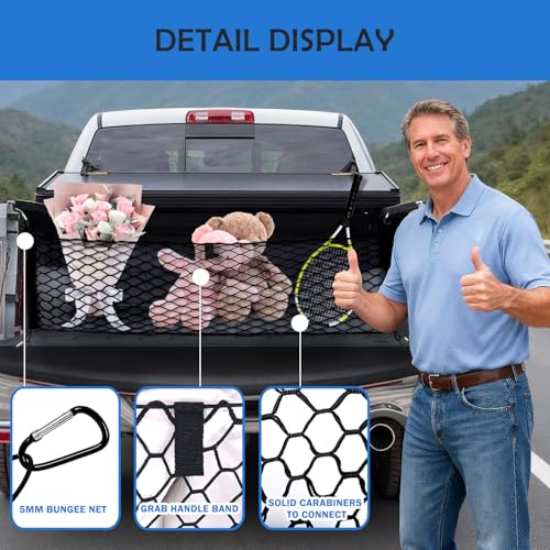 Image of Envelope Style Truck Bed Cargo Net for Dodge Ram 1500 2019-2026 Accessories, Rear Trunk Mesh Cargo Net, Upgraded 5mm Bungee & Double-layer Nylon Storage Tailgate Netting Grocery&Tools Holder Organizer