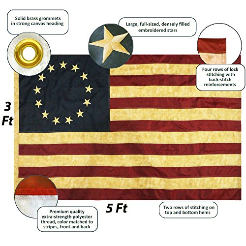 Anley Vintage Style Tea Stained Betsy Ross Flag 3X5 Foot Nylon - Embroidered Stars And Sewn Stripes - 4 Rows Of Lock Stitching - Antiqued Early Usa Banner Flags With Brass Grommets 3 X 5 Ft #TOP1