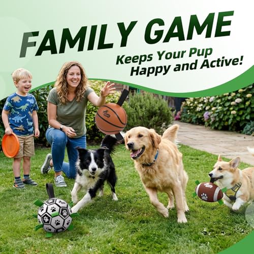 Image of QDAN Dog Soccer Ball Football Basketball Set - 3 PCS Dog Balls with Strap for Tug of War, Soccer Ball Football Toys for Small Medium Large Dogs, Herding Ball for Dogs, Dog Birthday Toy