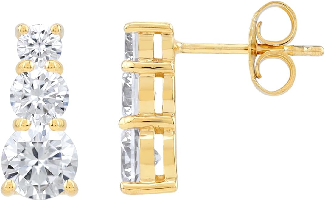 Silvershake 3-Stone Graduated Round Shape Gemstone White Gold Plated or Yellow Gold Plated 925 Sterling Silver Post Earrings Jewelry for Women