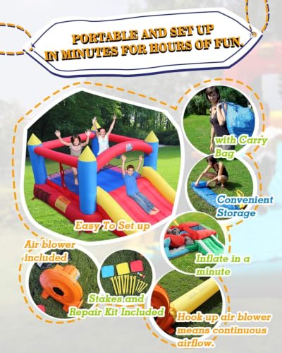Image of ACTION AIR [Updated Version] Bounce House, Inflatable Bouncer with Air Blower, Jumping Castle with Slide, Family Backyard Bouncy Castle, Durable Sewn with Extra Thick Material, Idea for Kids (C-9745)