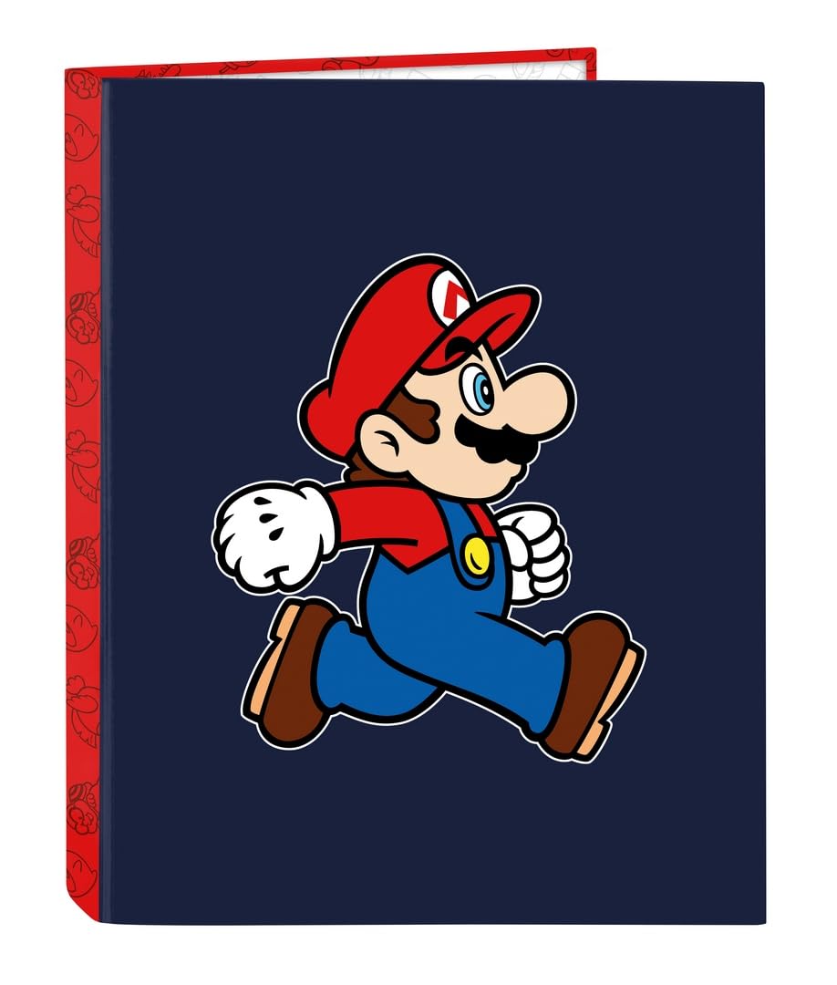 Classeur Super Mario Trick Safta – 4 Anneaux, Format 26,5x33 Cm, Couverture Rigide, Bleu Foncé/rouge, Pour école Primaire Et Secondaire – Garanti 2 Ans