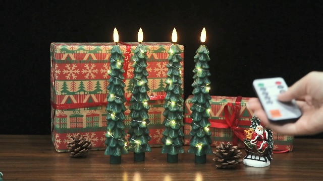 Image of Christmas Tree Candles with Remote Timer, 4 Pcs Waxy Flameless Taper Candles with Embedded String Lights, Battery Operated LED Candlesticks 3D Flame Wick, Green Gifts Christmas Decorations