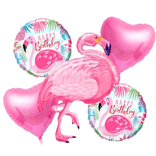 Image of Propsicle Flamingo Theme Foil Balloons Set Pack of 5 Pink Flamingo Heart Balloons Happy Birthday Round Balloon Tropical Decoration for Kids Birthday Pool Beach Theme Setup Supports Helium Air