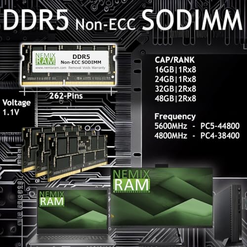 Image of NEMIX RAM 32GB (1X32GB) DDR5 5200MHz PC5-41600 2Rx8 1.1V CL44 262-PIN Non-ECC Unbuffered SODIMM Laptop PC Memory