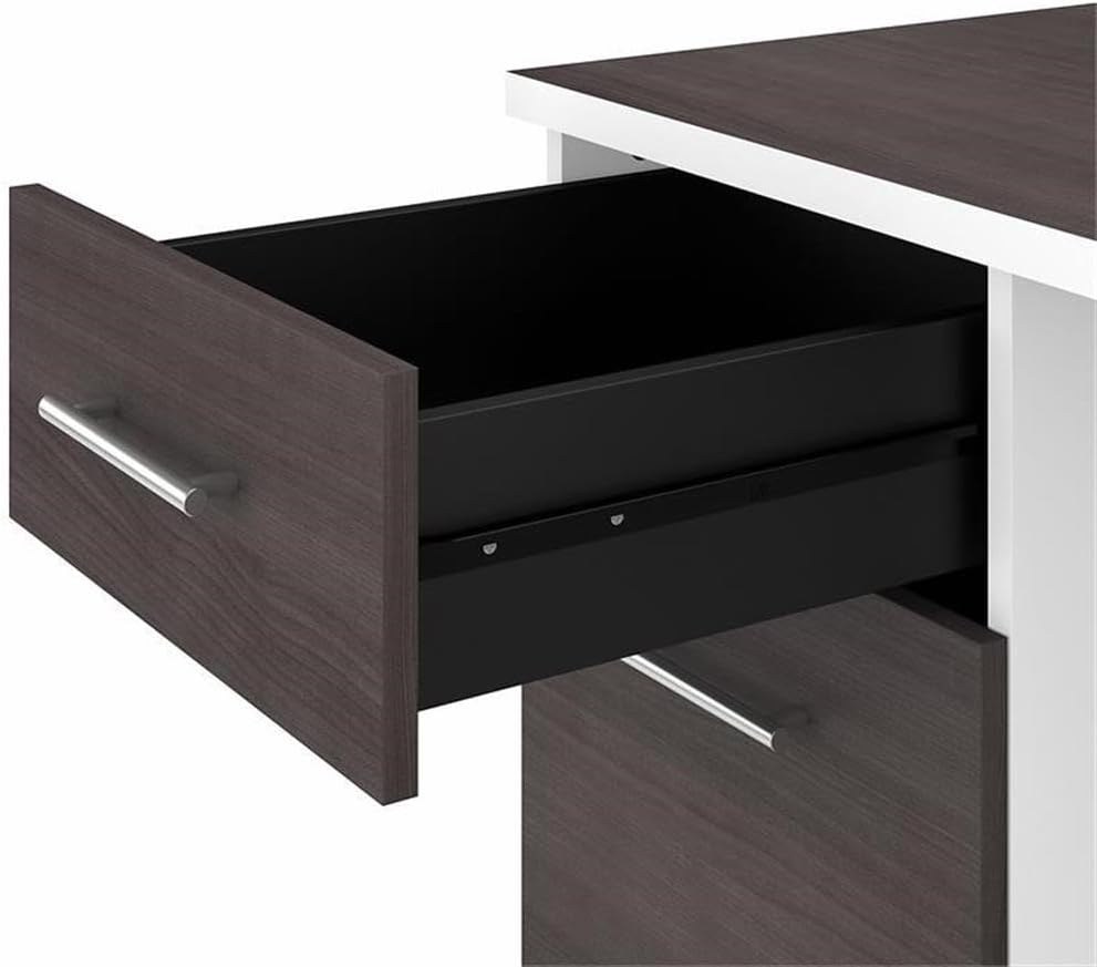 Pemberly Row 60W Office Desk with Drawers, Engineered Wood, White and Storm Gray Finish, Double Pedestal, Built-in Wire Management, Tapered Legs, Home Office Computer Desk, 59.29"W x 29.54"D x 29.11"H