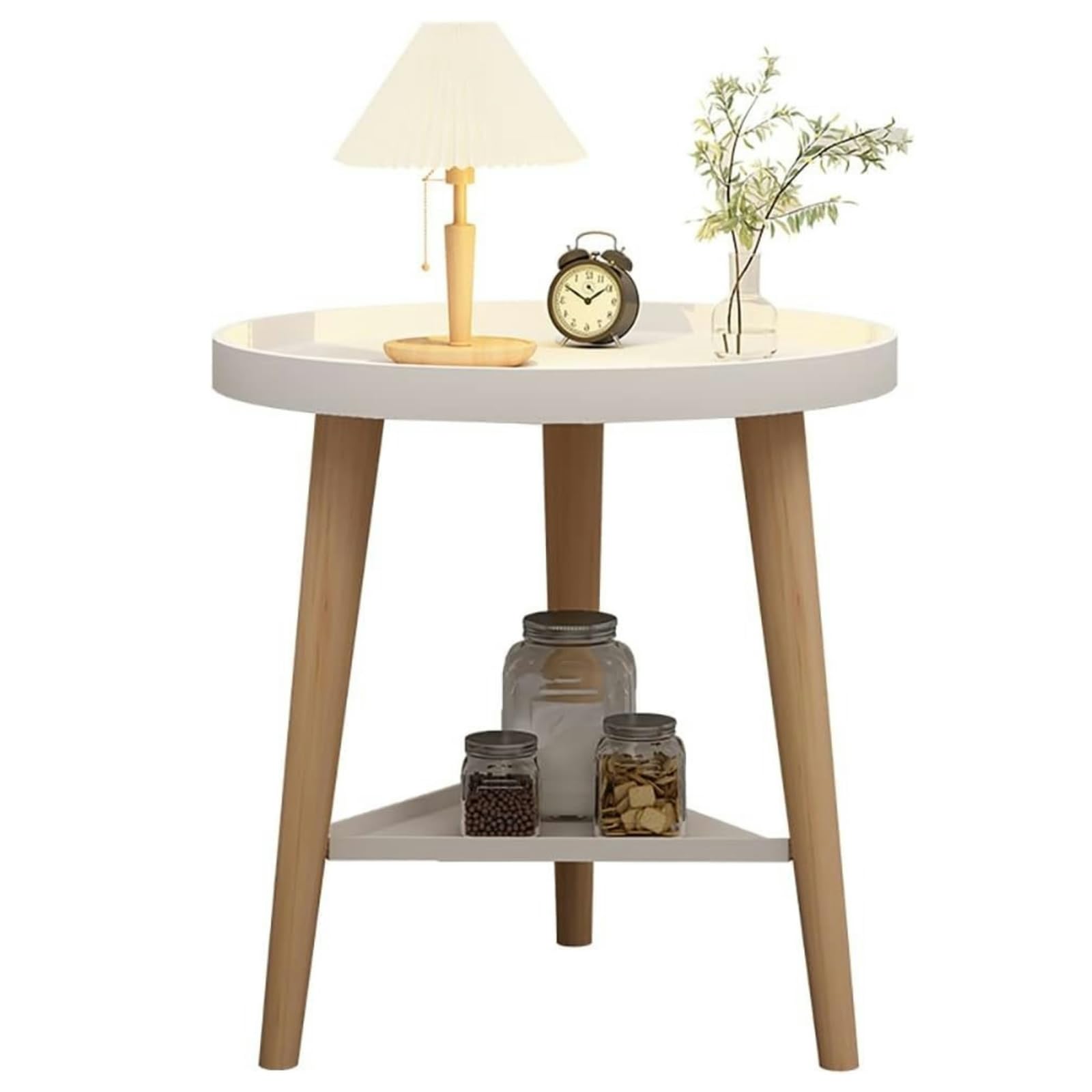 Double-Tier Coffee Table, Small Bedside Corner Table, Suitable for Balconies, Living Rooms, Bedrooms, and Tea Rooms, Beech Wood, 40 * 40 * 44cm (White)