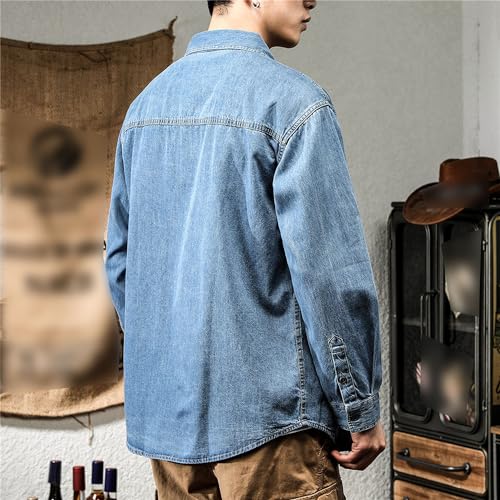 DGKaxiyaHM Men's Distressed Casual Denim Shirt Classic Vintage Long Sleeve Jean Coat Washed Button Down Outerwear (3X-Large,Blue 1)3