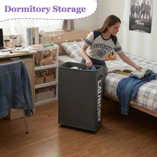 Image of 42L Narrow Rolling Laundry Basket, Slim Laundry Hamper with Wheels and Brake, Collapsible Skinny Laundry Cart for Dorm and Small Spaces, Dark Gray