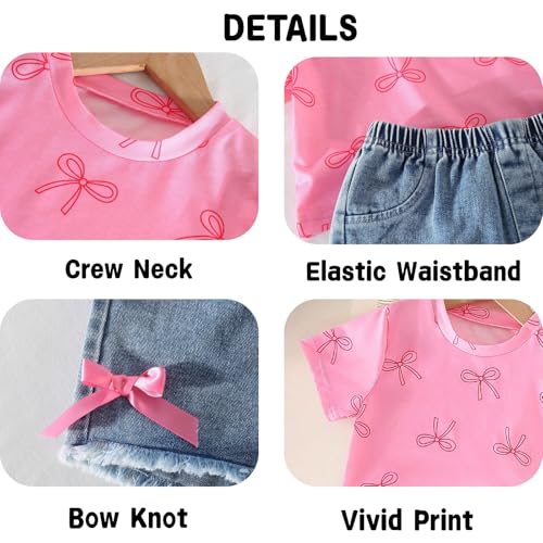 Image of Azmxynol Kid Girls Clothes Outfits Bowknot T-Shirt + 2 In 1 Denim Short Skort Summer Clothing Set, Size 4-10 Years