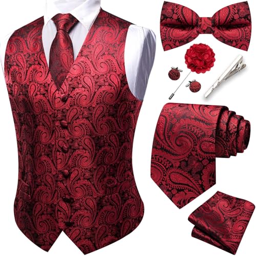 Barry.Wang Mens Red Waistcoat Paisley Formal Suit Vests Tie Bowtie Set Jacquard Clip Hanky Cufflinks Lapel Pin Wedding 8PCS