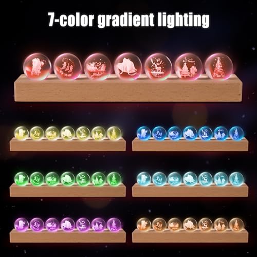Image of JOJOCY Christmas Glass Crystal Ball Light with Wooden Base, USB-Powered Colorful LED Night Lamp with 7 Christmas Tree Santa Claus and Elk Patterns for New Year's Gift