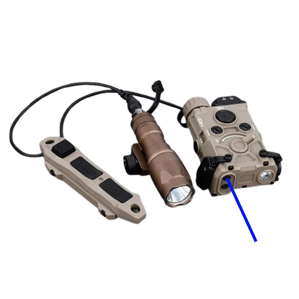 Nylon 0G Box Aiming Laser Sights(with IR + Red/Green/Blue Laser + White Flashlight),& M300A Strong LED Flashlight,& Modular Dual Wire Remote Pressure Switch(SF+Crane Plug) Combo,Tan (Blue Laser)